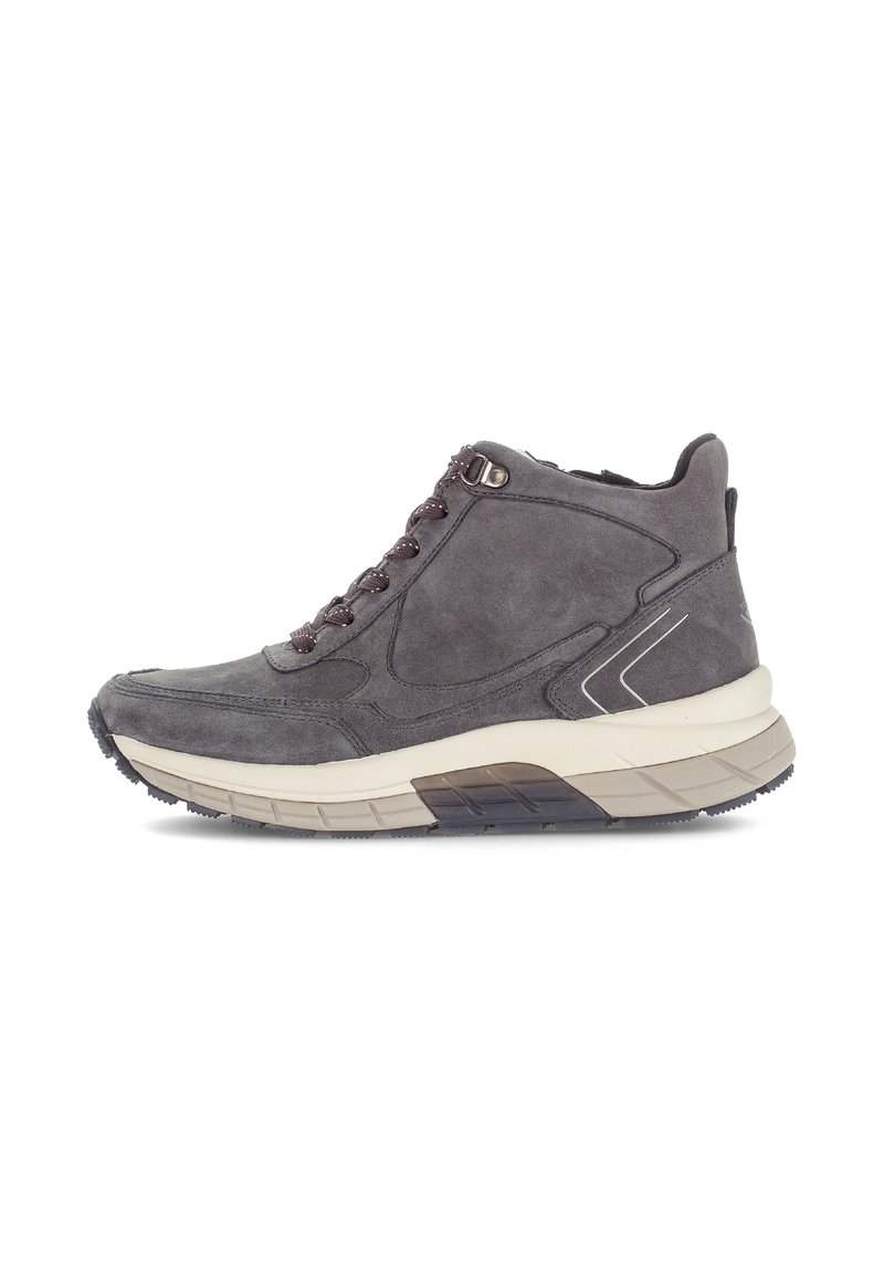 Grijze suède high-top sneaker met bruine veters, beige tussenzool en gestreepte rubberen loopzool, zij-aanzicht weergegeven op een witte achtergrond.