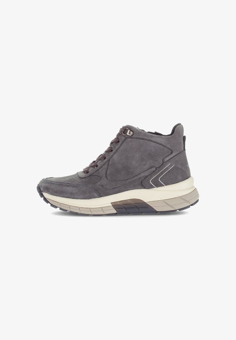 Grijze suède high-top sneaker met bruine veters, beige tussenzool en gestreepte rubberen loopzool, zij-aanzicht weergegeven op een witte achtergrond.