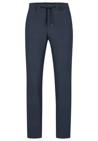 Marinblå byxor med texturerad tyg, elastisk midja och snörning. Rakt ben-design, inga synliga fickor eller utsmyckningar.