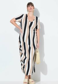 Ulla Popken ASYMMETRIC GATHERED STRIPED - Žerzejové šaty - black