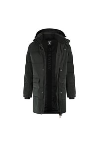 Lange zwarte gewatteerde winterjas met een capuchon, frontale ritssluiting, drukknoopsluitingen, zijflapzakken en een binnenzak met rits op de borst.