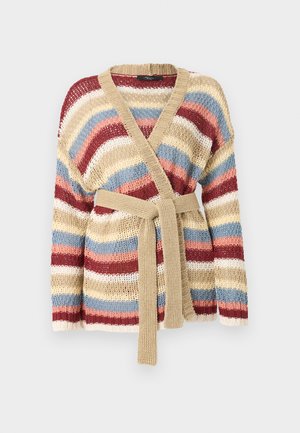 Πλεκτή ζακέτα με φαρδιές οριζόντιες ρίγες σε μπεζ, κόκκινο, λευκό, μπλε και ροζ, με πλεκτή μπεζ ζώνη και γιακά σε σχήμα V.