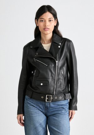 Black leather biker jacket with zippered pockets, belted waist, and silver hardware accents. Features a notched collar and fitted design.