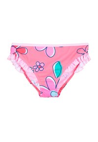 Slip da bagno rosa con motivo floreale caratterizzato da grandi fiori in rosa, blu e verde. Dettagli arricciati lungo i bordi. Tessuto con una texture liscia.