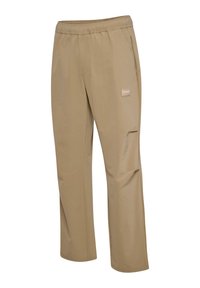 Beige, lette bukser med elastisk talje, to sidelommer, en cargo-lomme og et lille logo-patch på fronten.