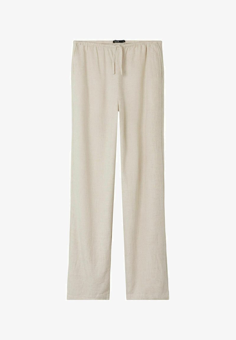 Beige linen pants with an elastic waistband and drawstring. Straight-leg design, lightweight texture, and no visible patterns or accents.