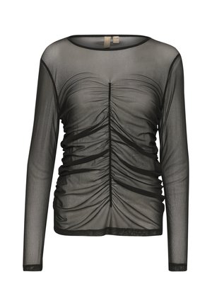 Zwarte mesh longsleeve top met plooien aan de voorkant, een ronde halslijn en subtiele zoomdetails. Lichtgewicht en semi-doorzichtig van textuur.