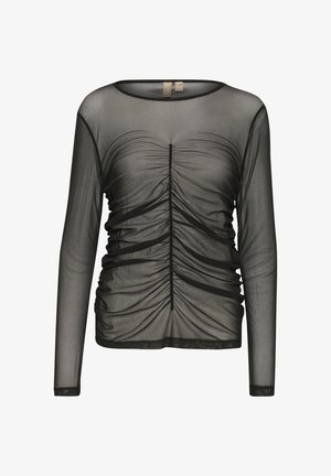 Zwarte mesh longsleeve top met plooien aan de voorkant, een ronde halslijn en subtiele zoomdetails. Lichtgewicht en semi-doorzichtig van textuur.