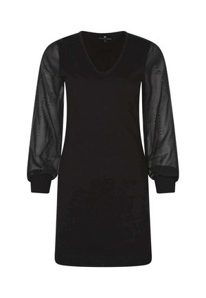 Robe noire longueur genou avec manches longues bouffantes en tulle ornées de petites perles, décolleté en V, poignets et ourlet côtelés.