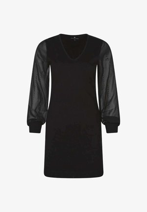 Vestido negro hasta la rodilla con mangas largas abullonadas de tul adornadas con pequeñas cuentas, escote en V y puños y dobladillo acanalados.