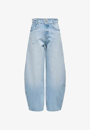 Heled sinise denimi laiad püksid kõrge vöökohaga, millel on nupukinnitus, vöökonksud ja esipoolse kulumise üksikasjad.