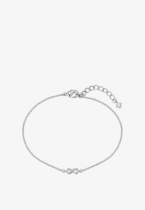 Delikat armbånd i sølvkæde med uendelighedssymbol som centerpiece og justerbar lukning med en lille krystalkrystal på hvid baggrund.