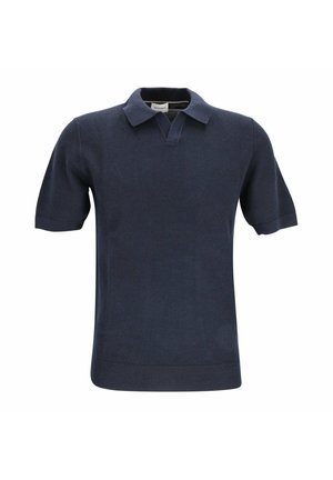 Dark blue short-sleeve knit polo shirt with a collar and a ribbed hem on a white background.