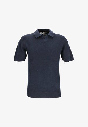 Dunkelblaues kurzärmeliges Strick-Poloshirt mit Kragen und geripptem Saum auf weißem Hintergrund.