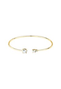 Bracciale rigido color oro con due accenti di cristallo trasparente in impostazioni a griffe, con un design liscio ed elegante e una forma aperta.