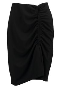 Černá sukně ke kolenům ve stylu tužky s řasením na pravé přední straně a asymetrickým lemem.