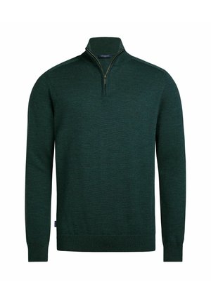 Dark green quarter-zip sweater made from soft fabric. Features long sleeves, ribbed cuffs, and a smooth texture with no patterns or hardware.