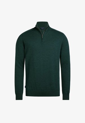 Dunkelgrüner Pullover mit Viertelreißverschluss, hergestellt aus weichem Stoff. Mit langen Ärmeln, gerippten Bündchen und einer glatten Textur ohne Muster oder Hardware.