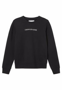 Sudadera negra de manga larga, con puños y dobladillo acanalados. Presenta el texto bordado en blanco "CALVIN KLEIN JEANS" en el pecho. Material de algodón.