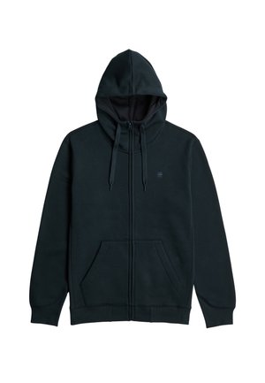 Zwarte hoodie met ritssluiting, gemaakt van een zachte katoenmix. Voorzien van een capuchon met trekkoord, kangoeroezakken, geribbelde boorden en een klein logo op de borst.