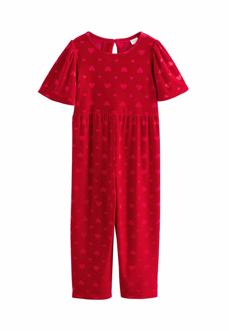 Tuta rossa realizzata in morbido tessuto con maniche a palloncino corte, caratterizzata da un motivo di piccoli cuori. Include una chiusura a chiave sul retro.