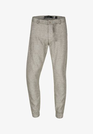 Light gray trousers with a textured fabric, featuring a zip fly, front pockets, and elasticized cuffs at the ankle.