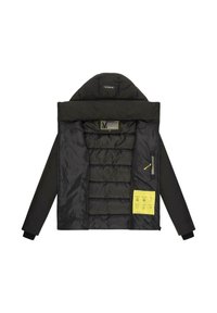 Black puffer jacket with a hood, featuring a quilted interior, yellow care label, and a zippered pocket on the left side.