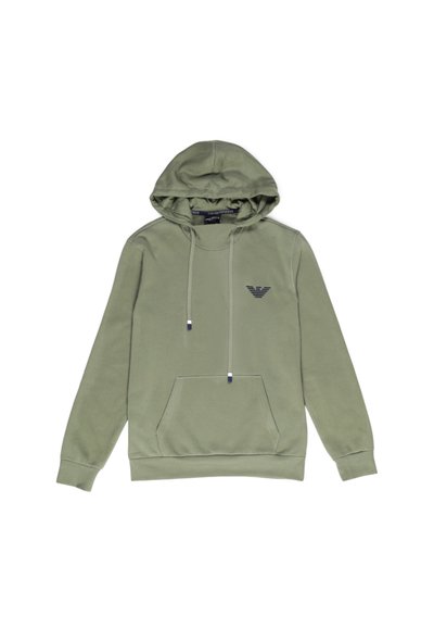 Haut en olive avec une capuche à cordon, poche kangourou et un logo subtil sur la poitrine. Fabriqué dans un matériau doux à la texture lisse.