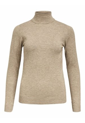 Beige Rollkragenpullover aus weichem Strickstoff. Mit langen Ärmeln und gerippten Bündchen und Saum. Einfaches, minimalistisches Design.