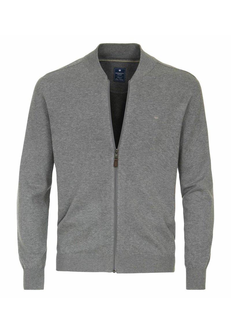 Grauer Reißverschluss-Pullover aus weichem Strickstoff. Verfügt über einen gerippten Kragen, Bündchen und Saum. Kleines Logodetail auf der Brust.