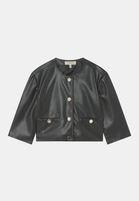 Giacca nera corta in ecopelle, con scollatura tonda, chiusure con bottoni dorati e due tasche frontali con bottoni coordinati.