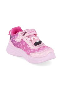 Baskets enfant roses pailletées avec bride « Pretty Purse », breloque cadenas décorative et motif violet sur la tige en tissu.