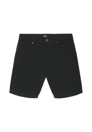 Shorts in denim nero con bottoni anteriori, cerniera, passanti per cintura e design con cinque tasche, posati in piano su sfondo bianco.