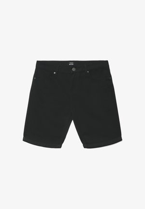 Shorts in denim nero con bottoni anteriori, cerniera, passanti per cintura e design con cinque tasche, posati in piano su sfondo bianco.