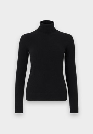 Maglione a collo alto nero realizzato in morbido tessuto a maglia, con maniche lunghe, un design aderente e bordi a costine sui polsini e sull'orlo.