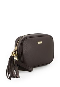 Brown leather crossbody bag, rectangular shape, textured surface, gold zipper, decorative tassel, small gold brand plate.