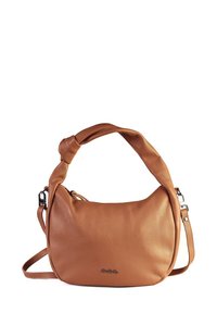 Borsa a spalla in pelle marrone con manico annodato e tracolla regolabile, dotata di hardware di colore argento discreto.