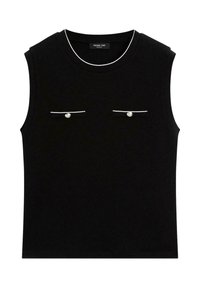 Black sleeveless top with a round neck, featuring two front pockets with white trim and decorative buttons. Made of soft fabric.