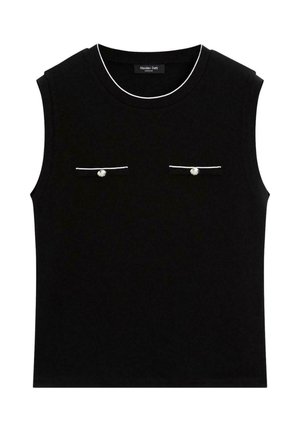 Black sleeveless top with a round neck, featuring two front pockets with white trim and decorative buttons. Made of soft fabric.