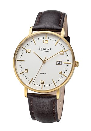 Montre en or avec un cadran blanc, bracelet en cuir noir, fenêtre de date à 3 heures, chiffres arabes et index des heures dorés.