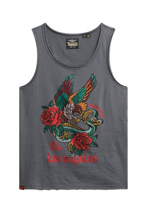 Débardeur gris avec un design de broderie coloré représentant un aigle et des roses. Les détails notables incluent des motifs complexes et des embellissements texturés.