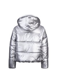 Zilveren pufferjack met capuchon, met een doorgestikt patroon en een cropped ontwerp. Glad, glanzend materiaal met geribbelde manchetten.