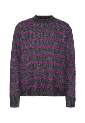 Gray knit sweater with purple horizontal stripes, round neckline, long sleeves, and ribbed cuffs and hem. Soft texture with a relaxed fit.