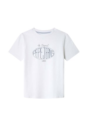 Hvid T-shirt med korte ærmer og rund hals med tekstgrafik "The Original Pepe Jeans London" i midten foran.