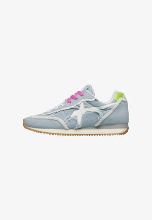 Light blue denim sneaker with white star logo, pink laces, neon green heel tab, and gum rubber sole, side view on white background.