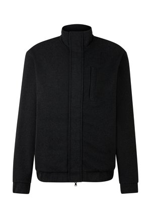 Black zip-up jacket with high collar, long sleeves, and a vertical chest pocket on the left side, shown on a white background.
