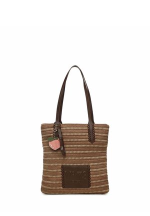 Bruine gestreepte geweven draagtas met donkerbruine handvatten, een charms in perzikvorm en een genaaide leren patch met "N° 73 Venezia" aan de voorkant.