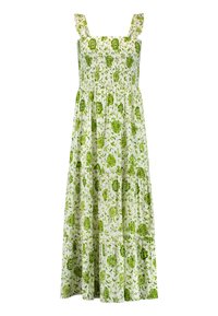 Maxi-Kleid aus weißer Baumwolle mit grünem Blumenmuster, gerafftem Oberteil und Rüschenträgern. Fällt bis zu einem gestuften Saum.
