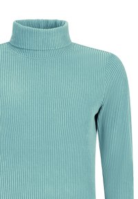 Pull en col roulé côtelé bleu clair avec des manches longues. Le tissu est texturé avec des rayures verticales, créant une apparence douce et confortable.