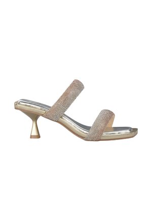 Open-toe heeled sandals with two textured, glittery straps in beige and gold. Square toe design and metallic silver sole.